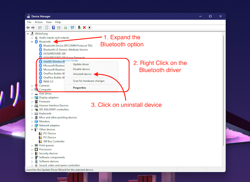 uninstall bluetooth drivers