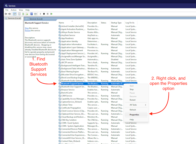 open properties for bluetooth support services