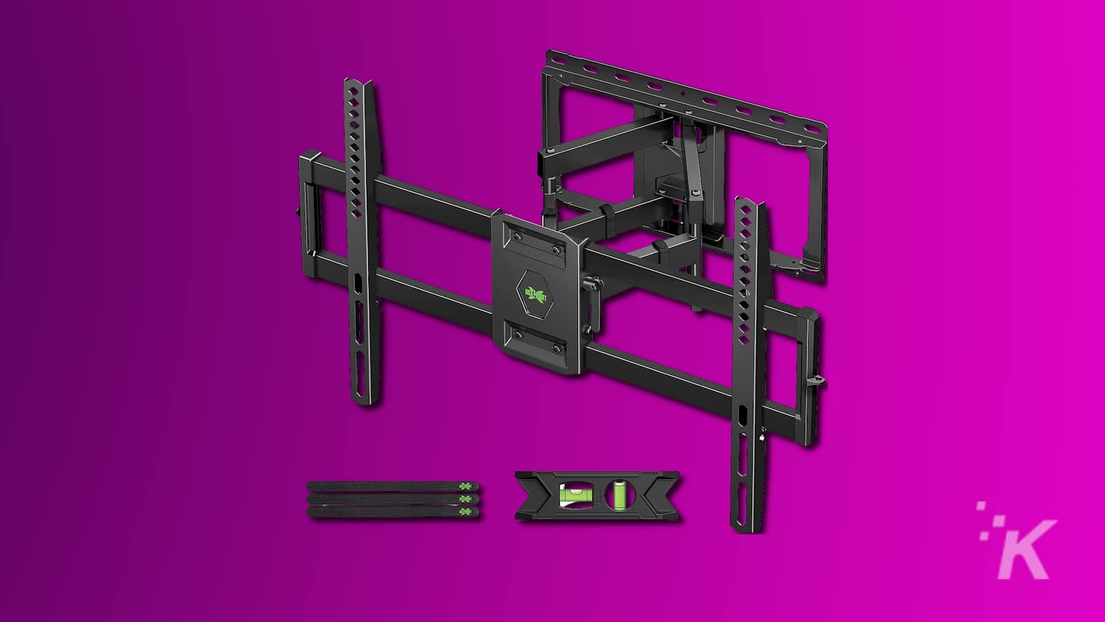 Suporte de parede para TV preto em fundo roxo.