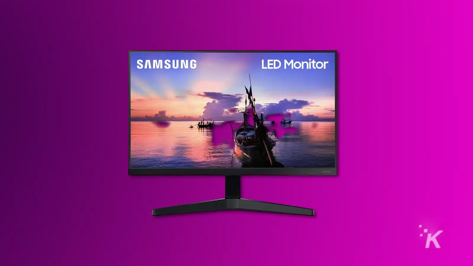 renderização de um monitor LED Samsung em um fundo roxo