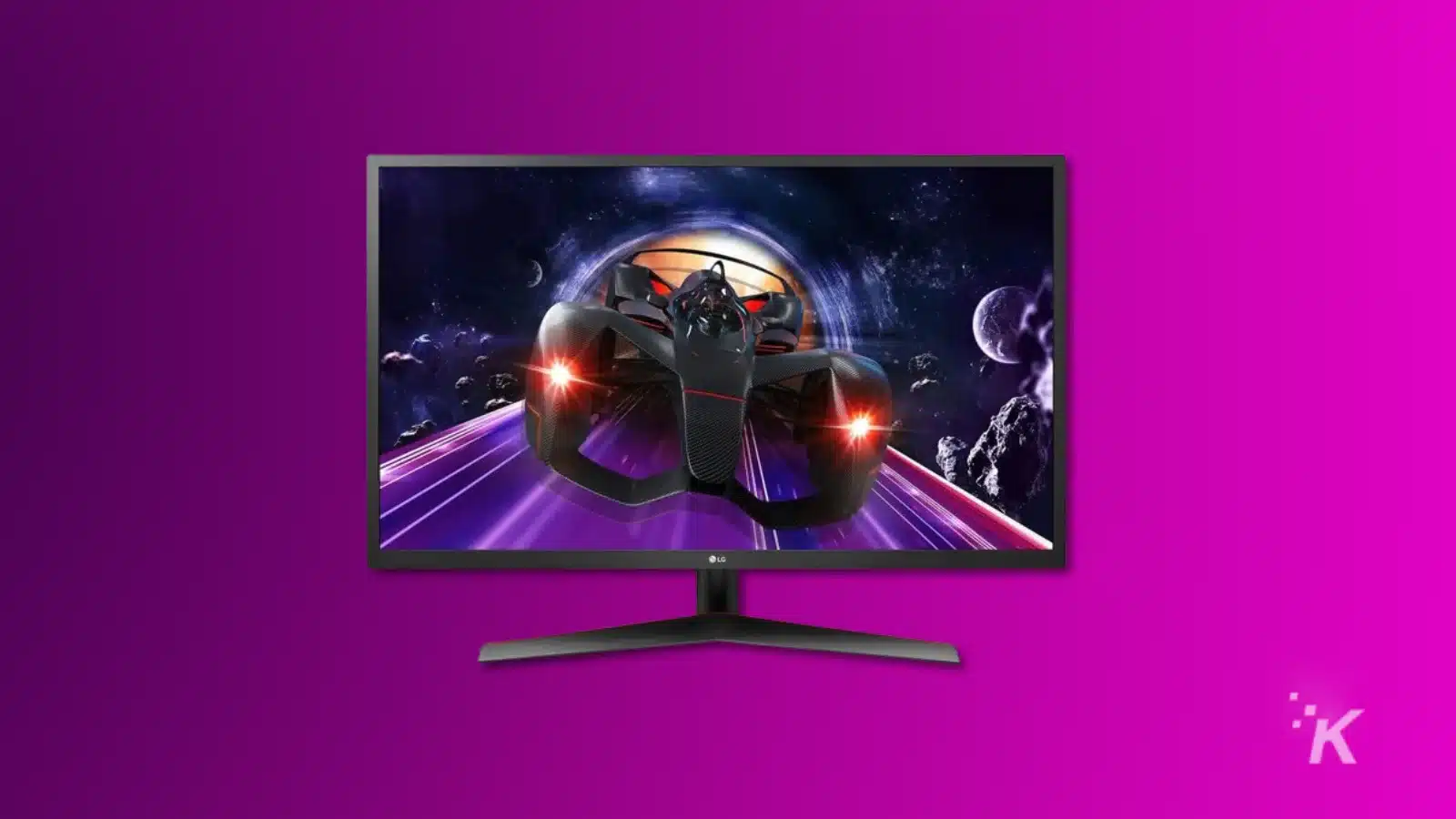 renderização de um monitor LG de 27 polegadas em um fundo roxo