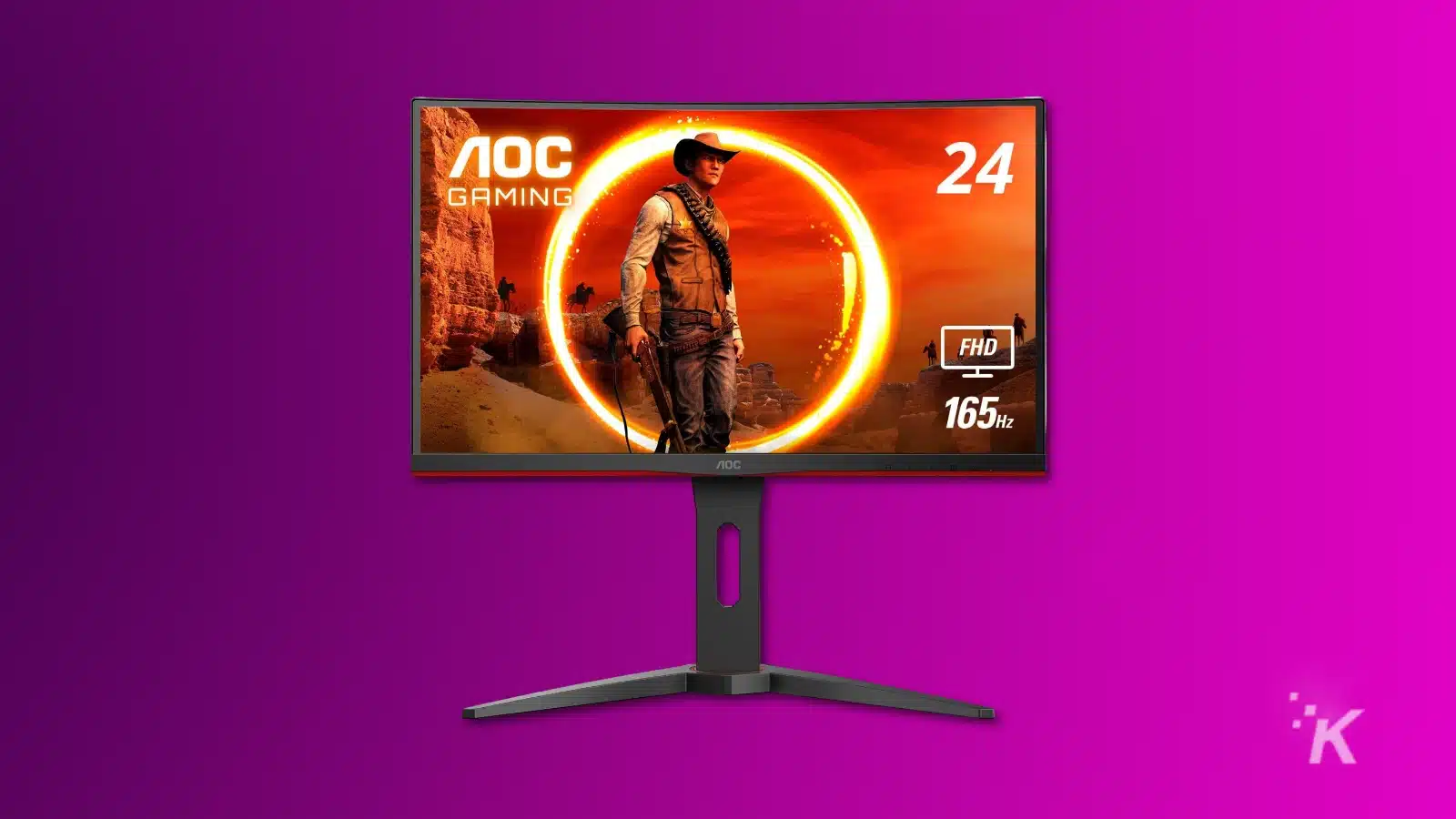 renderização de um monitor de jogos AOC em um fundo roxo