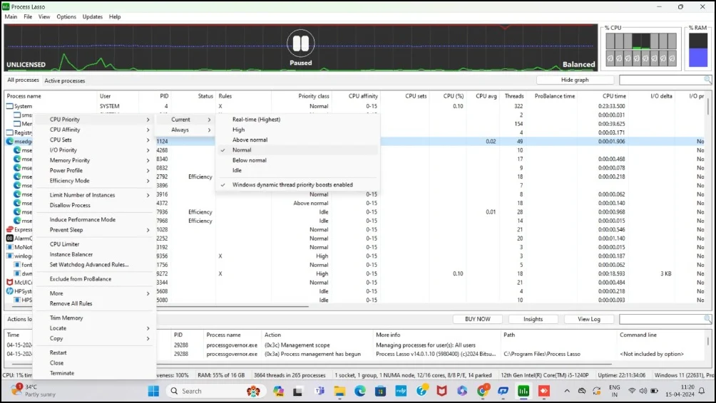 settings ram limit using process lasso app on windows