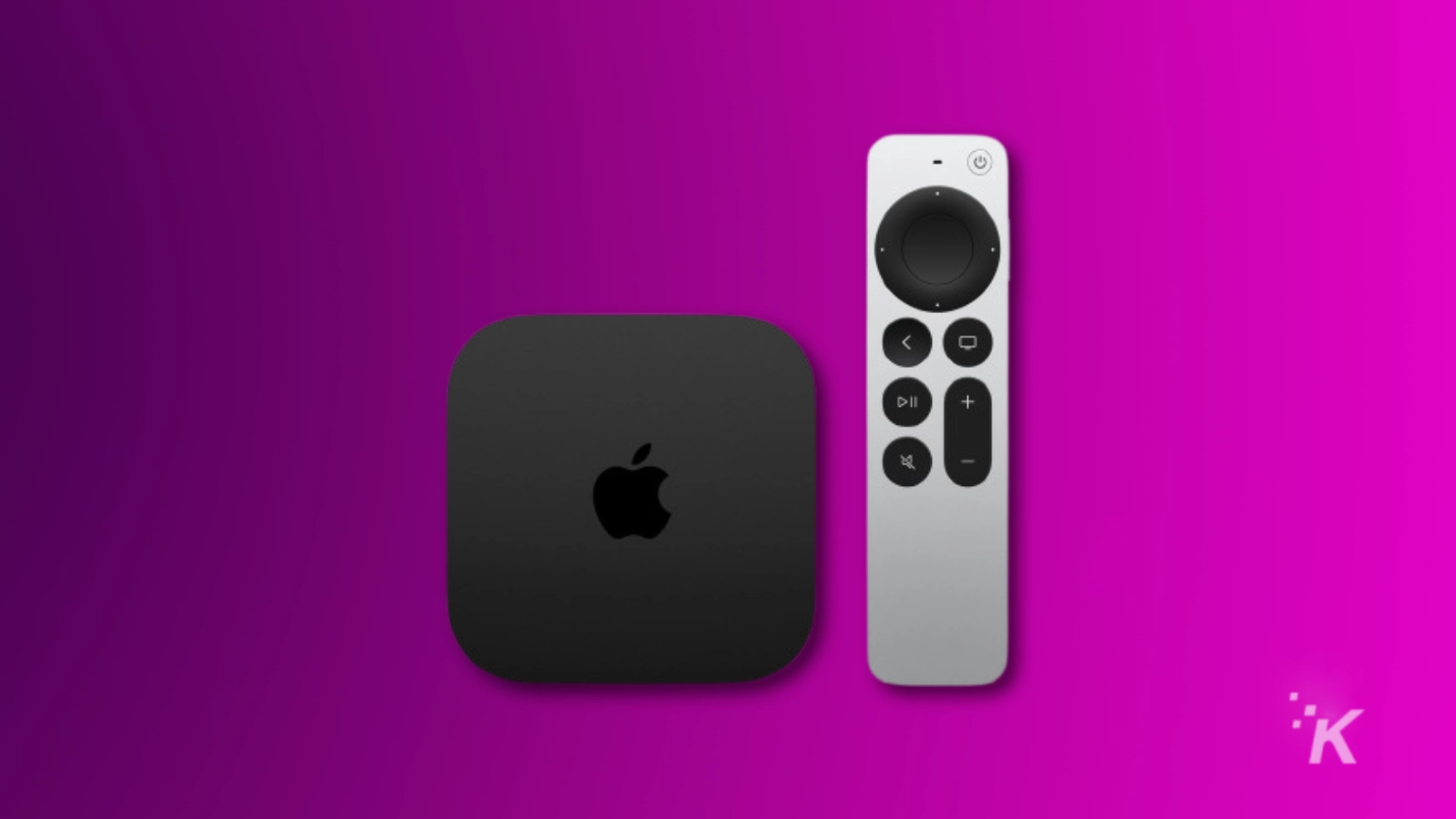 Caja de Apple TV y control remoto sobre fondo morado.