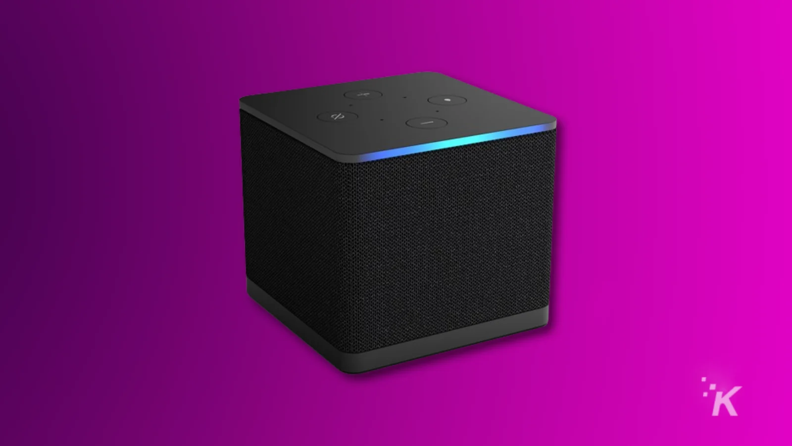 Altavoz inteligente sobre fondo morado