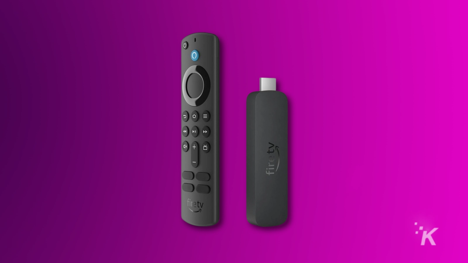 Streaming-Stick und Fernbedienung auf violettem Hintergrund