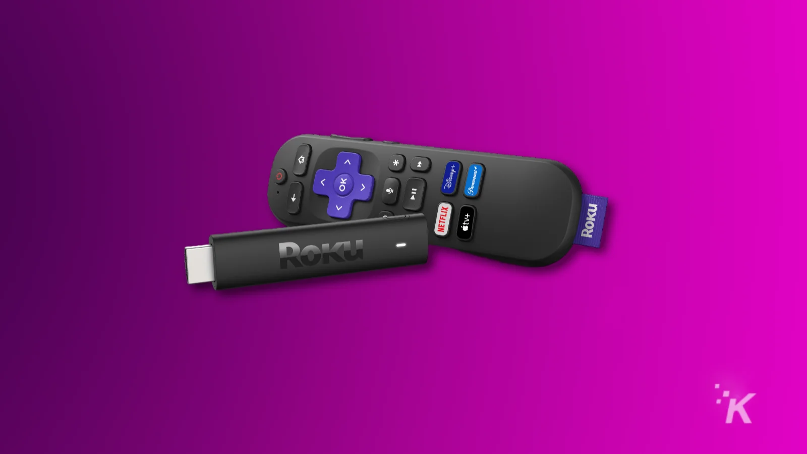 Dispositivo de transmisión Roku y control remoto sobre fondo morado