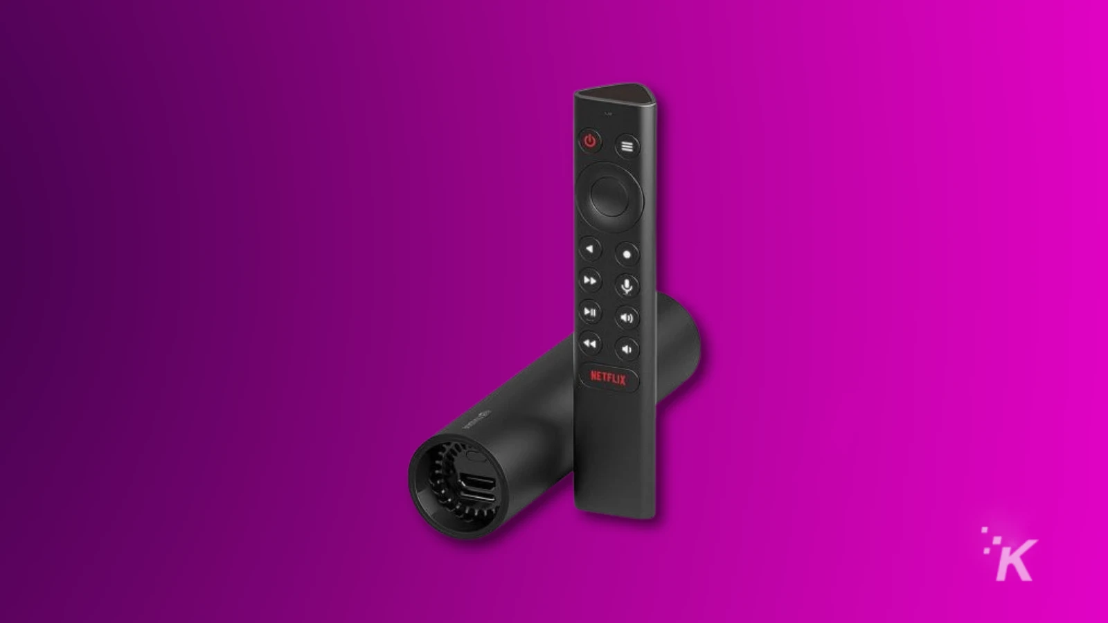 Dispositivo de transmisión negro y control remoto sobre fondo morado.