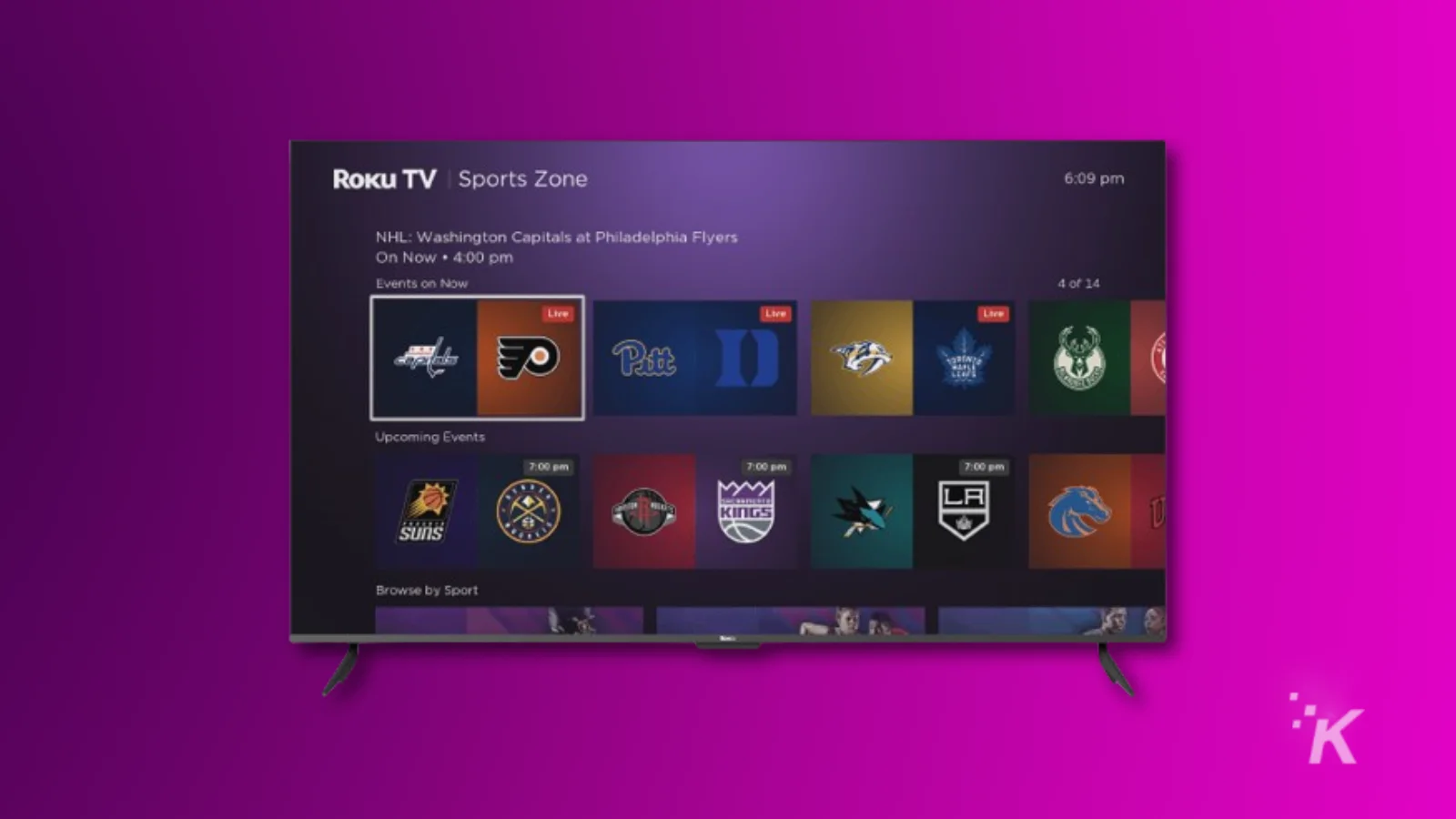 Smart TV que muestra una interfaz de transmisión de deportes en vivo.