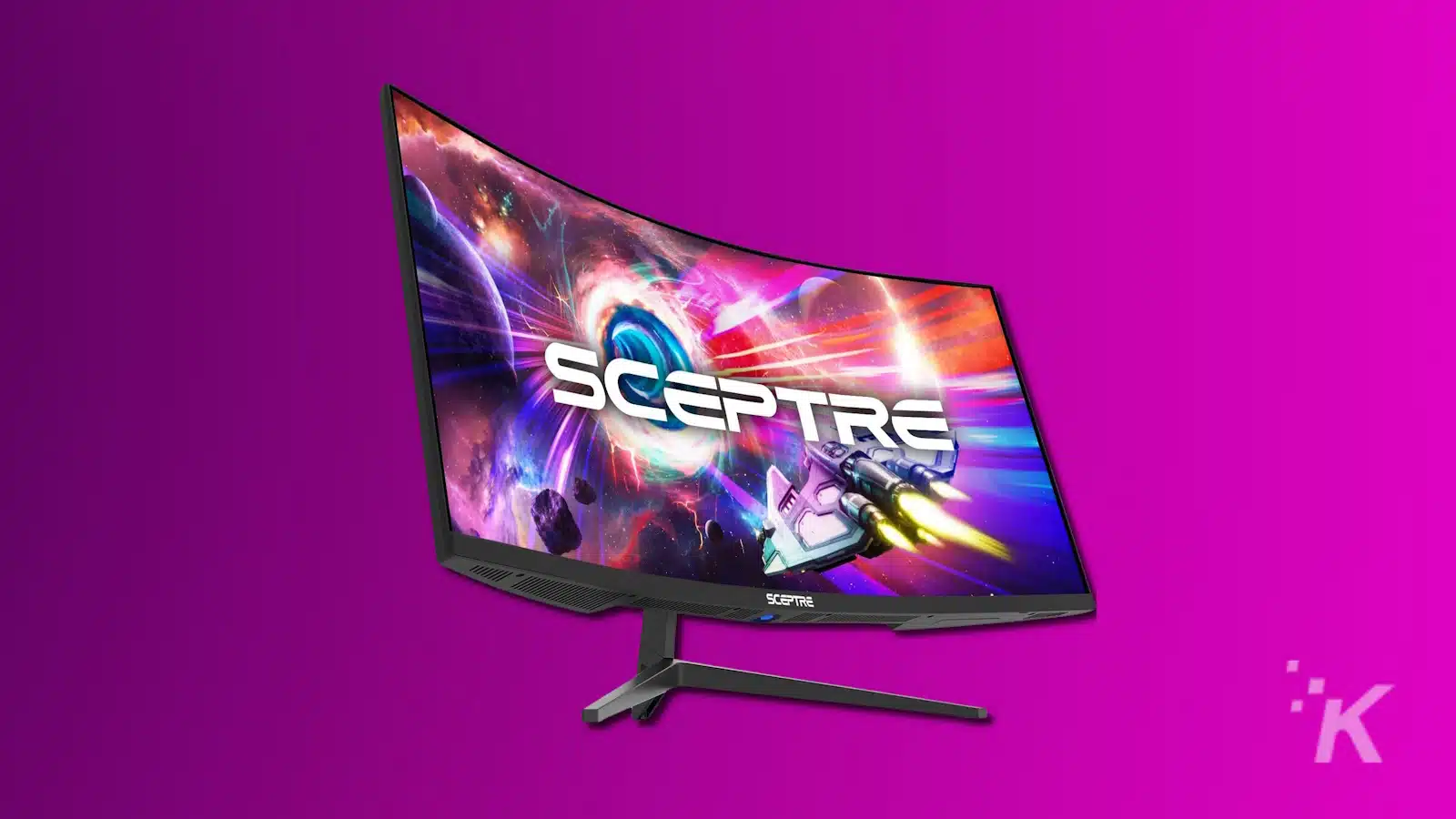 Monitor de juegos Sceptre curvo sobre fondo morado.