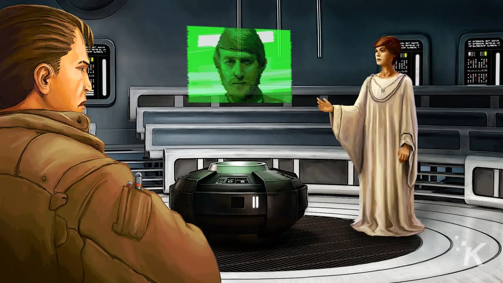 Karakter fiksi ilmiah berdiskusi dengan proyeksi hologram.