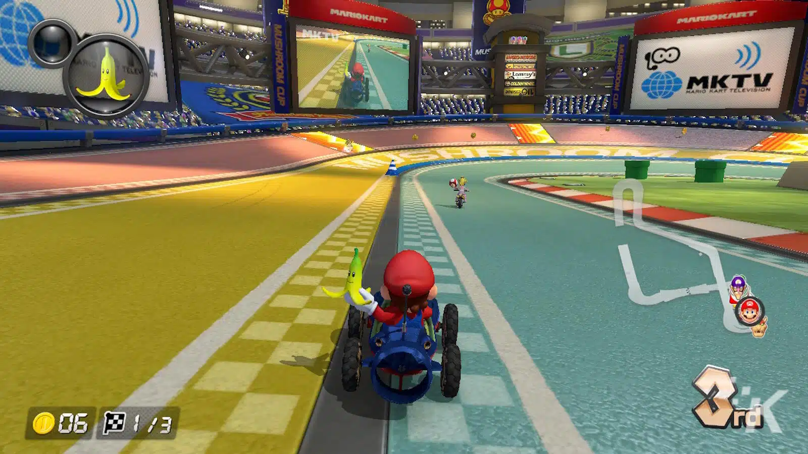 Wyścig Mario Kart z charakterem na trzecim miejscu.