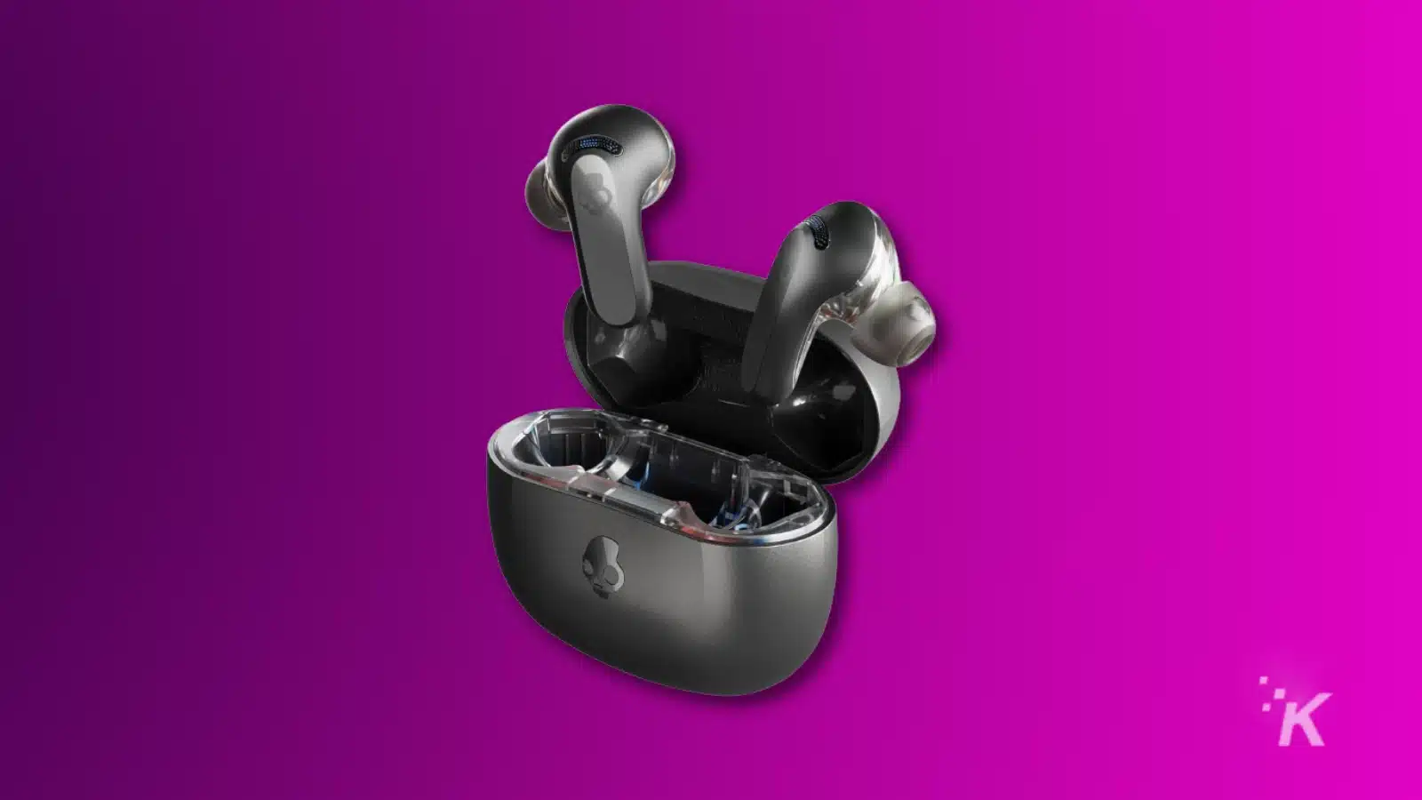 Fones de ouvido Skullcandy Rail Anc e estojo de carregamento em um fundo roxo