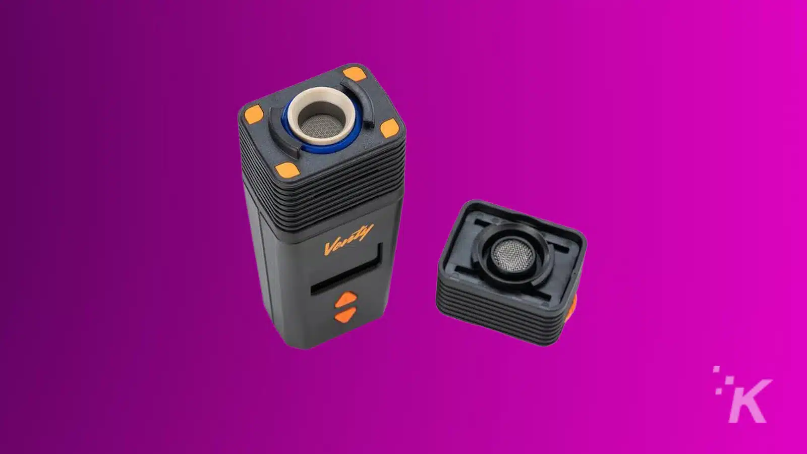 Difuzor portabil negru cu subwoofer detasabil pe fundal violet.