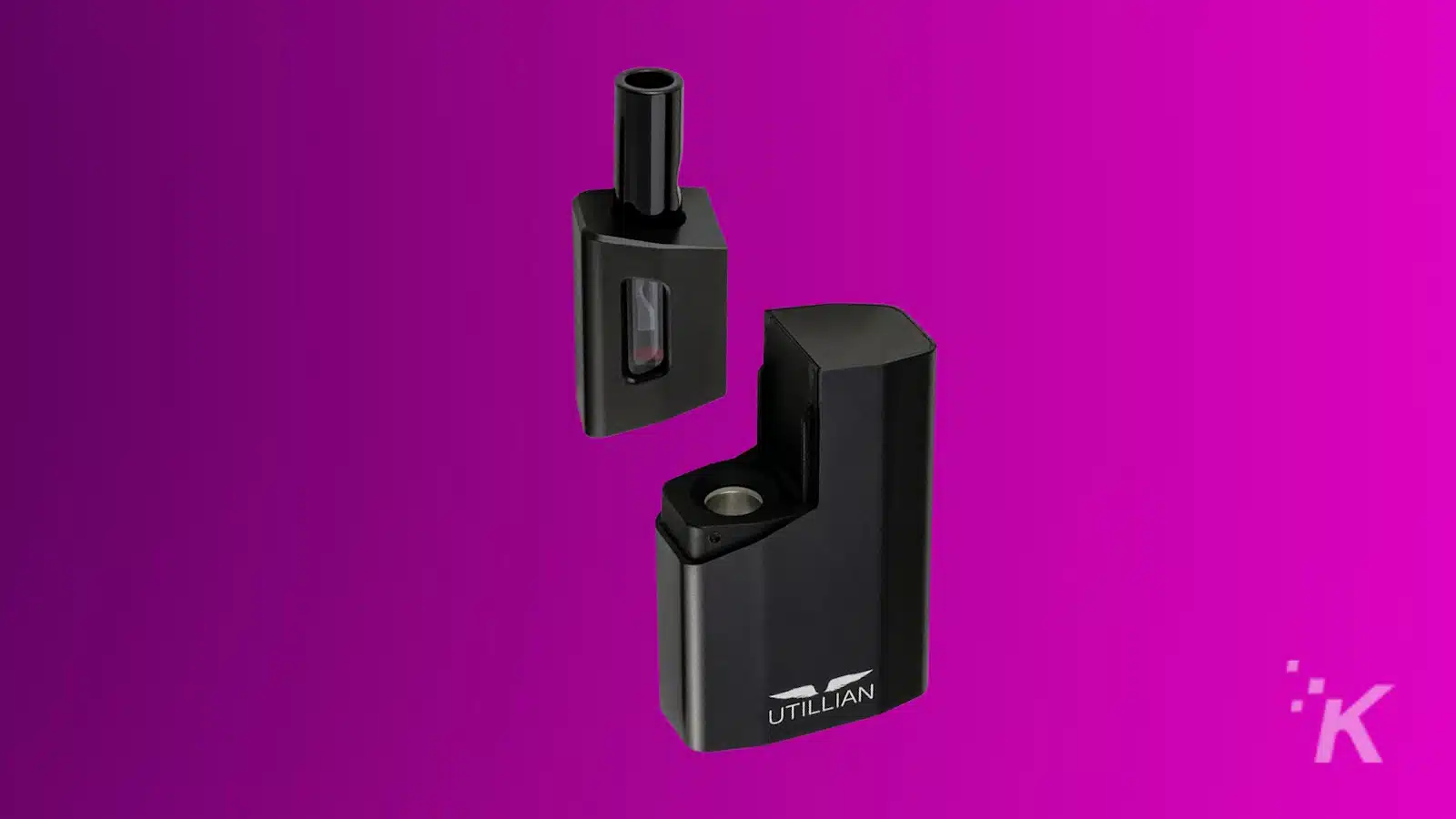 Vaporizator portabil negru pe fundal violet.