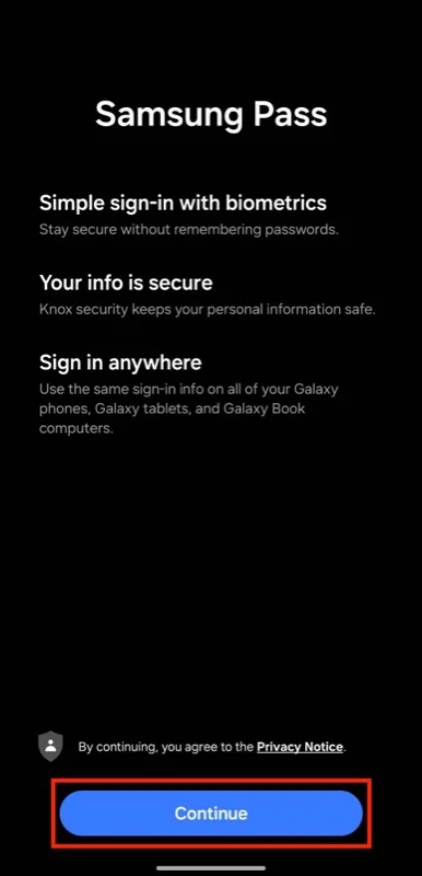 samsung pass welcome screen on a galaxy phone.