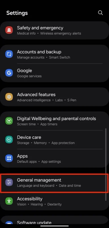 samsung settings page.