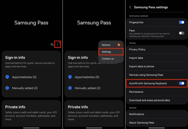 enabling autofill with samsung keyboard feature in samsung pass on a galaxy device.