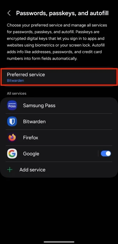 option to set preferred autofill service on a galaxy phone.