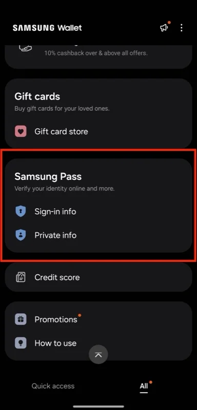 samsung pass section on the samsung wallet app.