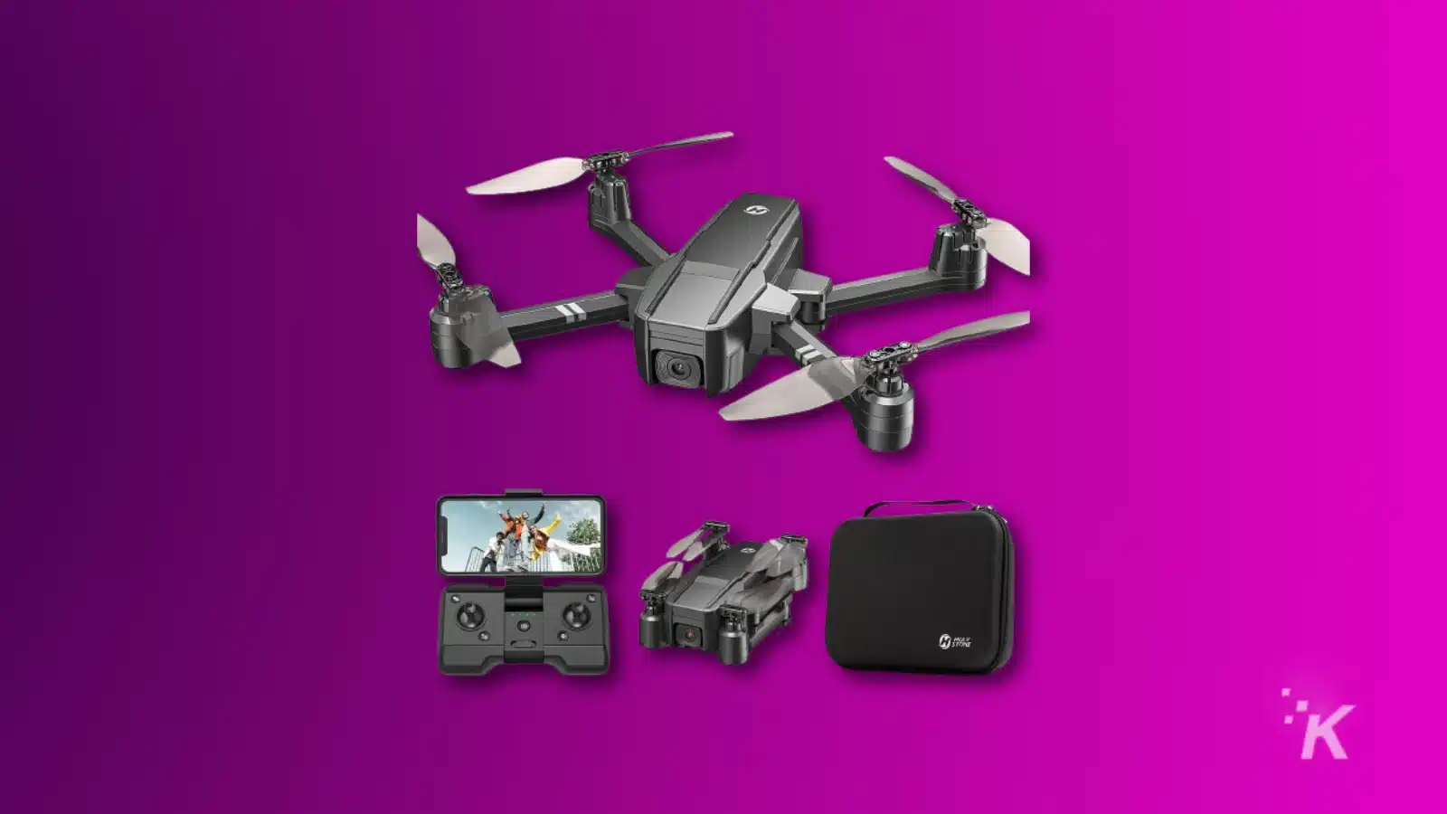 redarea unei drone fpv pliabile hs440 de piatră sfântă pe un fundal violet