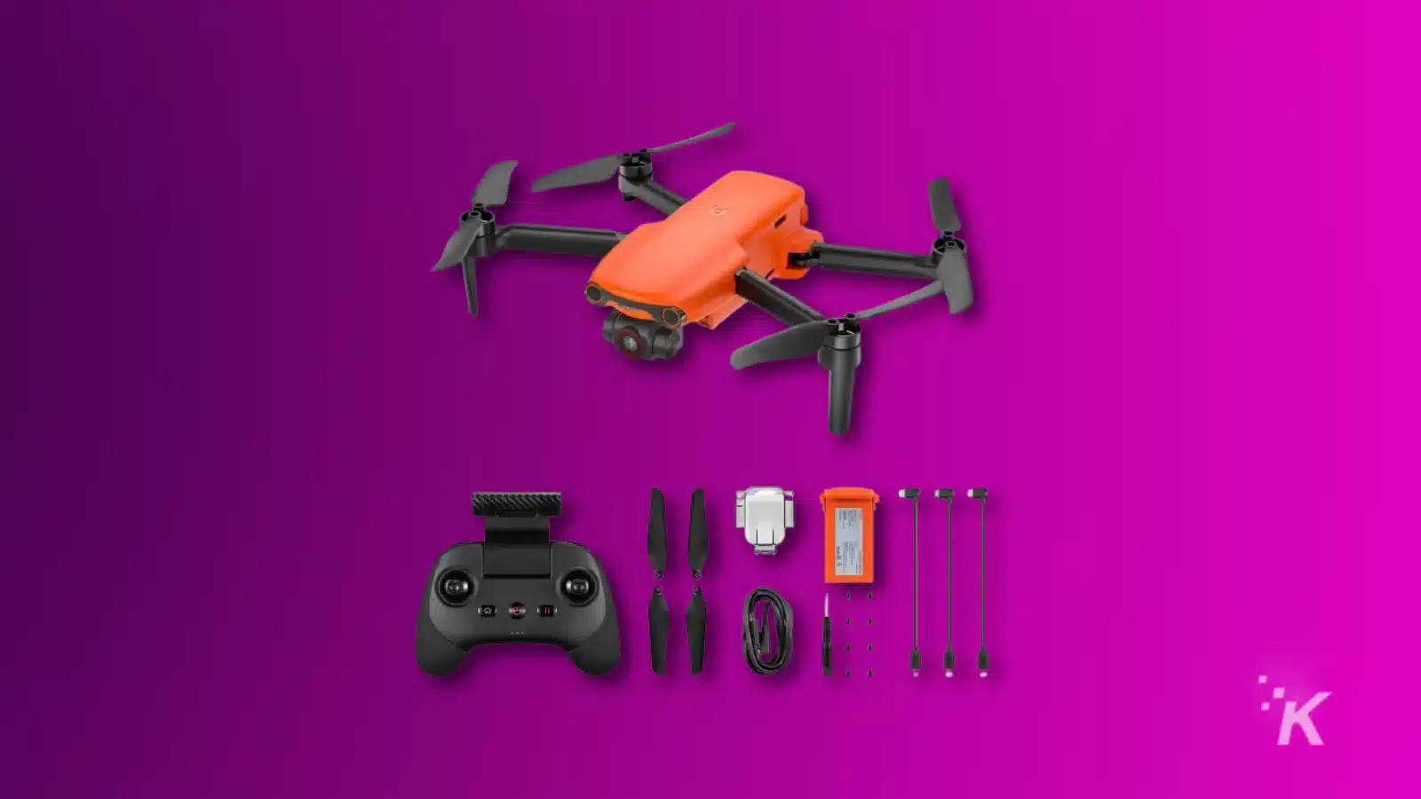 redare a unei drone autel evo nano plus și accesorii pe un fundal violet