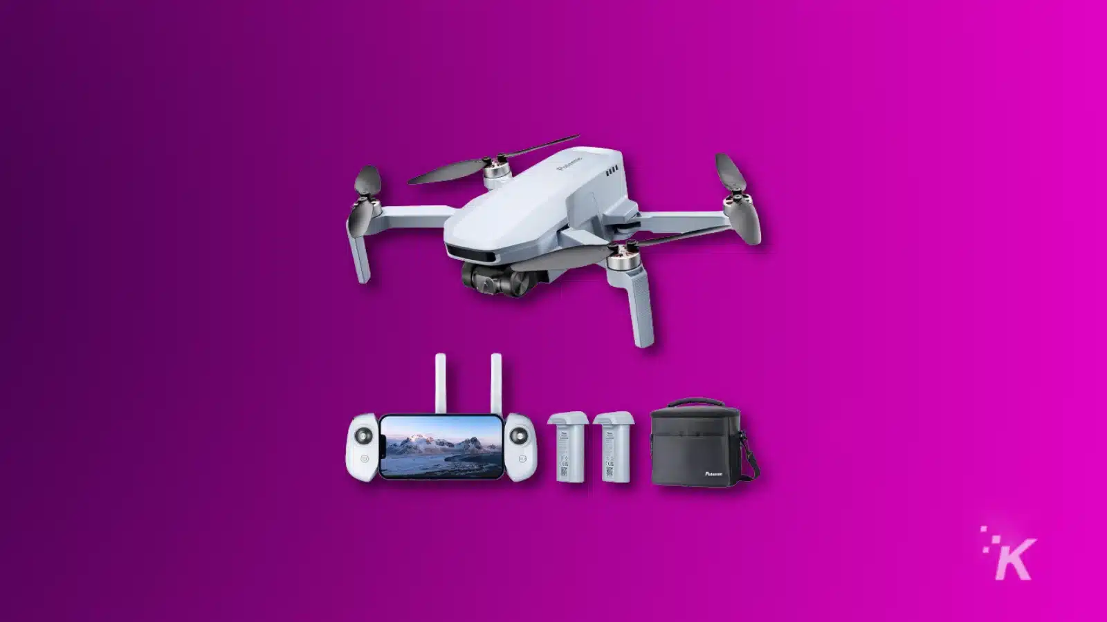 render drone atom se gps potensial dan aksesorisnya pada latar belakang ungu