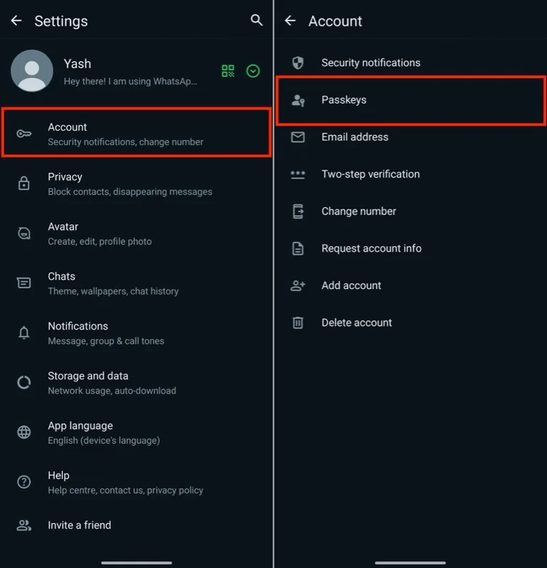 accessing passkeys option in whatsapp settings on an android.