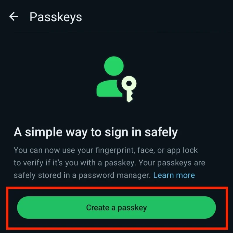 create a passkey button in whatsapp on android.