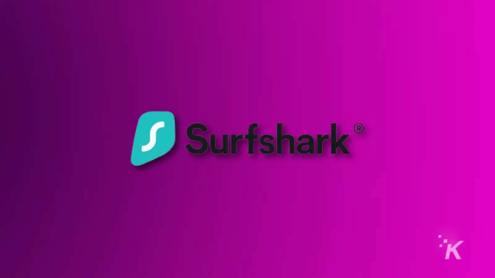 Canlı mor arka planda Surfshark logosu.