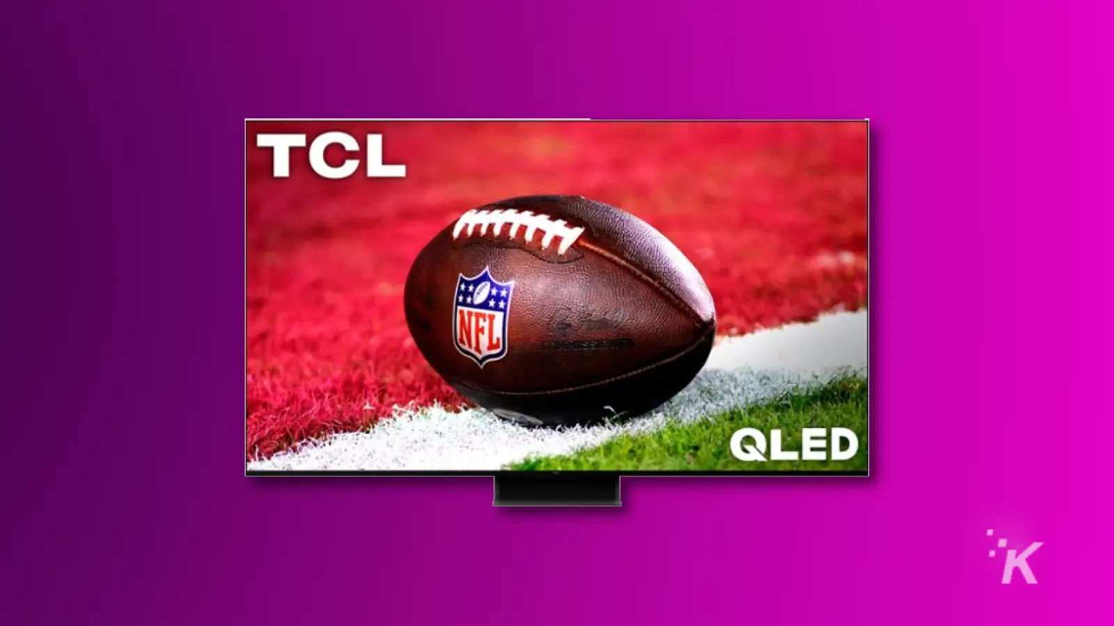 renderização da tv tcl qm8 qled em um fundo roxo
