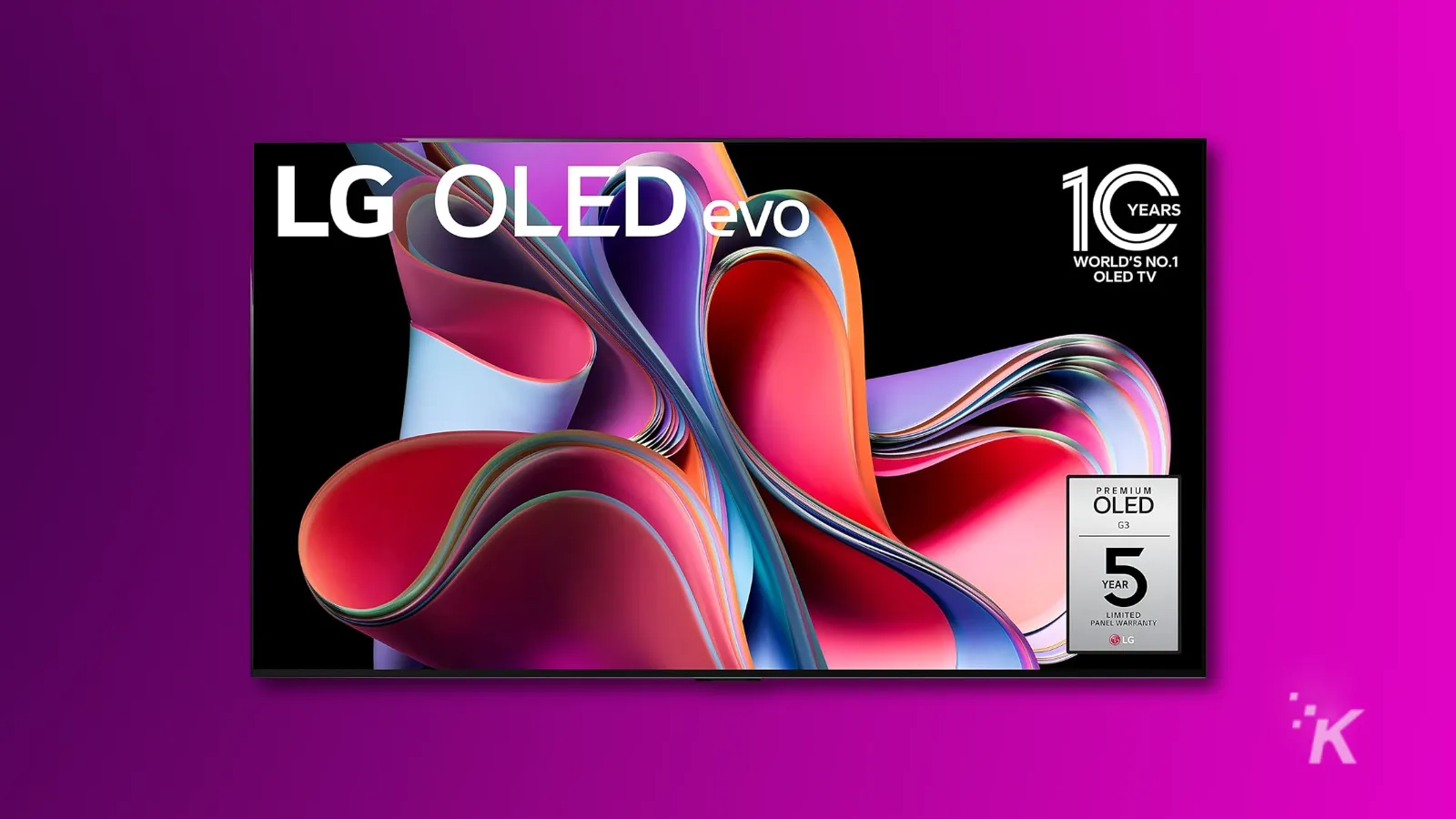 renderização de uma TV LG G3 OLED Evo de 77 polegadas em fundo roxo