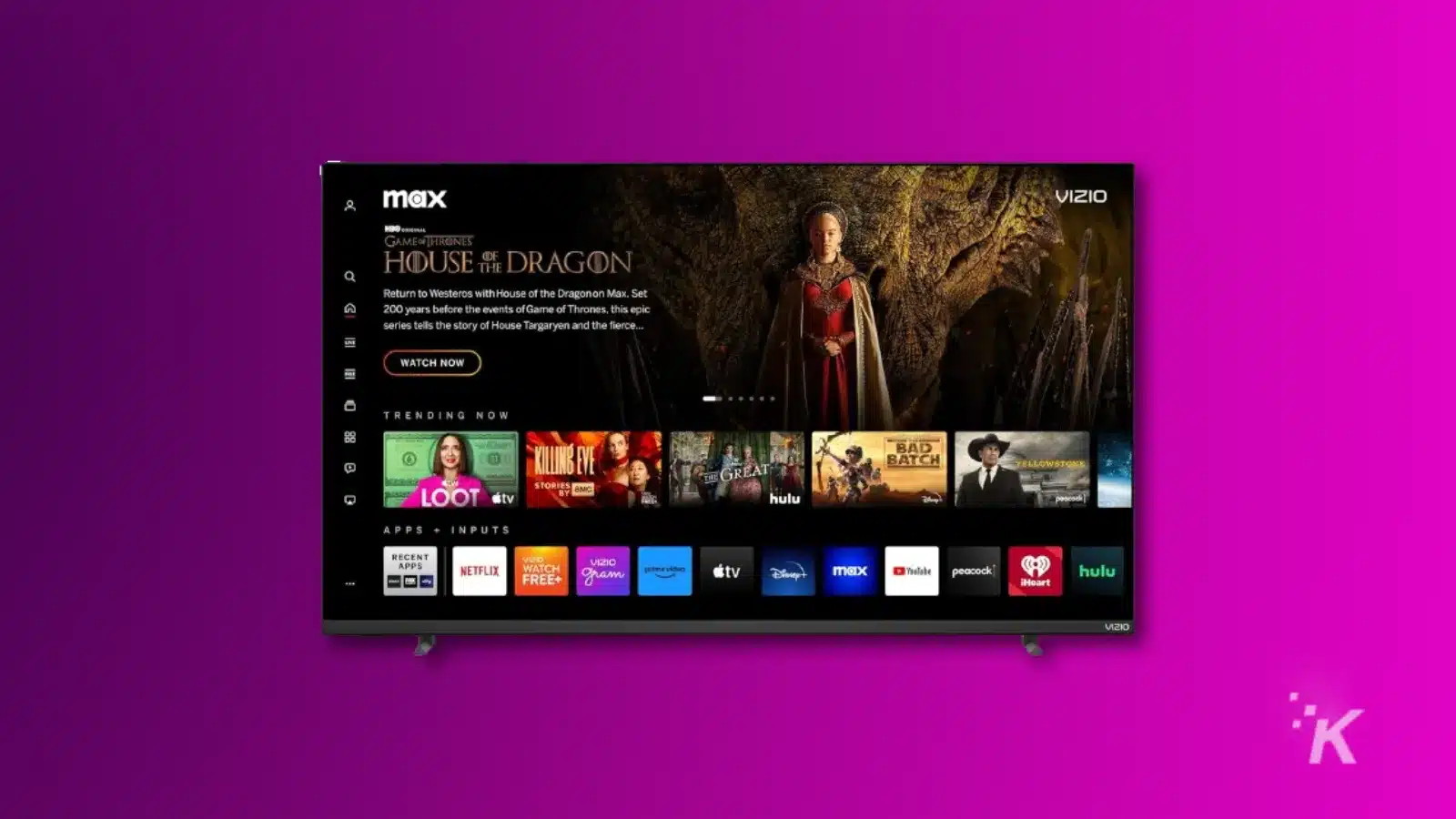 renderização de uma smart tv vizio série mqx de 50 polegadas em um fundo roxo