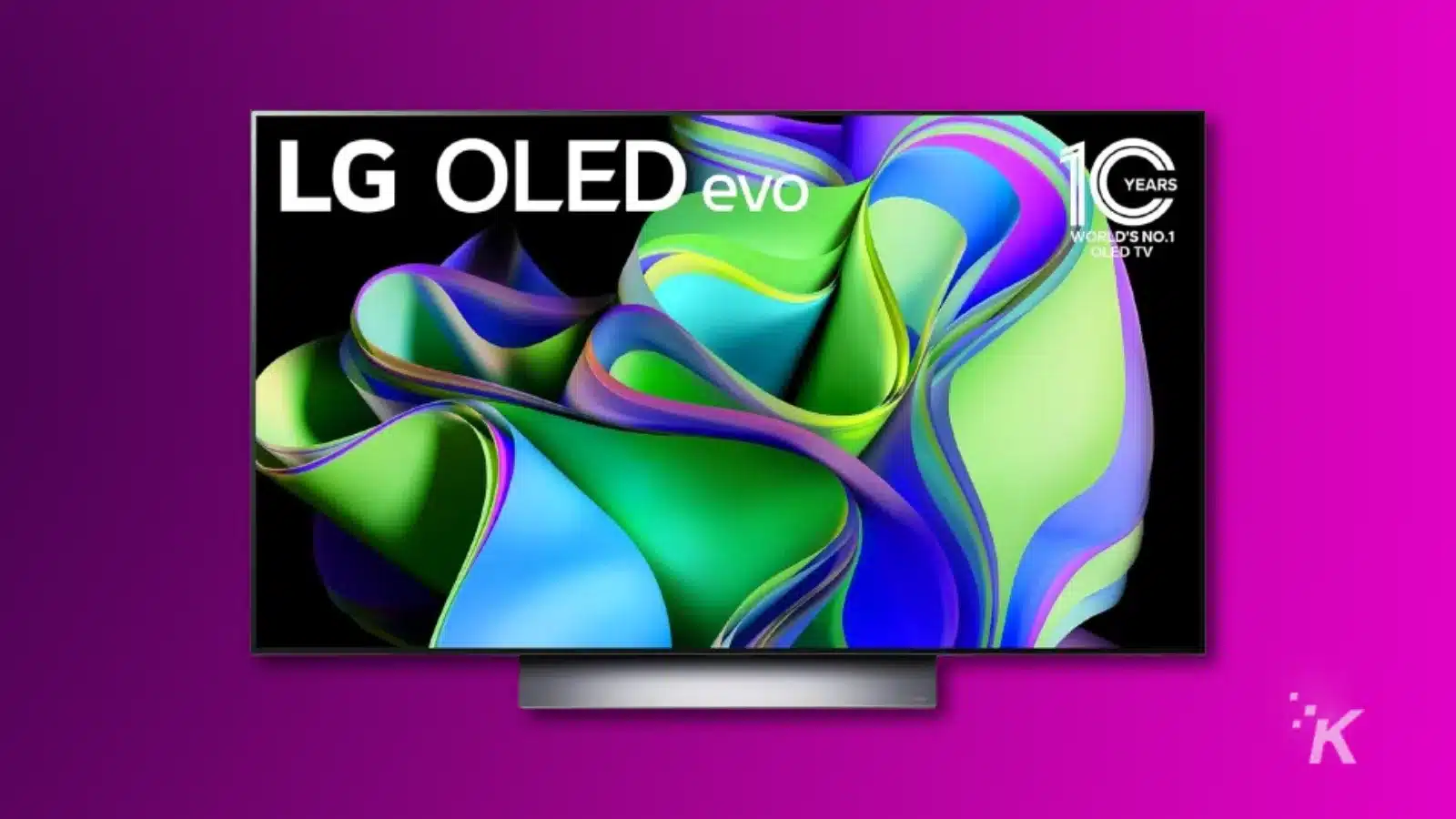 renderização do LG G3 OLED de 48 polegadas em um fundo roxo