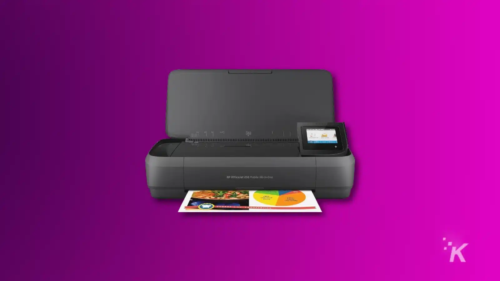 紫色の背景に HP OfficeJet 250 プリンター