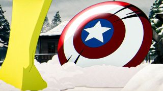 X-men 97 エピソード 7 のローグの右足にあるキャプテン・アメリカのシールドのクローズ アップ ショット