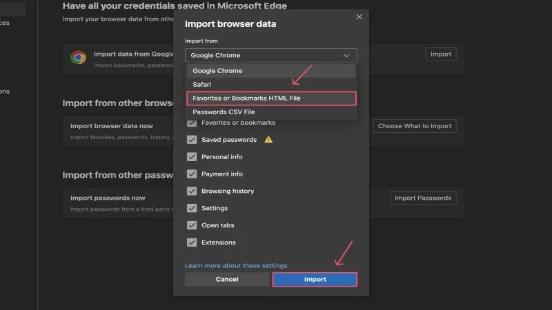 import bookmarks file to edge