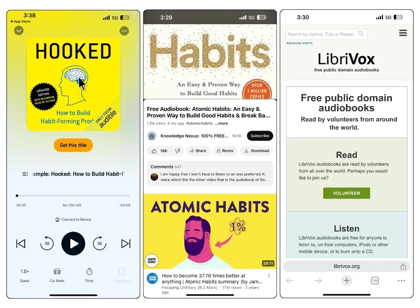 오디오북 앱 image features screenshots of three different audiobook apps featuring book titles "hooked" and "atomic habits