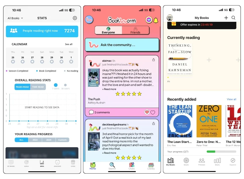책 읽기 추적 앱 screenshots of three different book tracking apps showing reading statistics, currently reading sections, and recent additions to the book list.