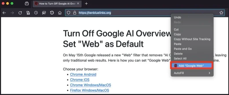 adding google web as a search engine in firefox on mac.