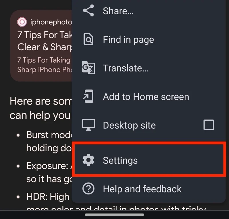 accessing settings in chrome on android.