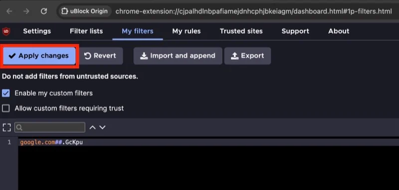 creating a filter in ublock origin to hide ai overview in google search.