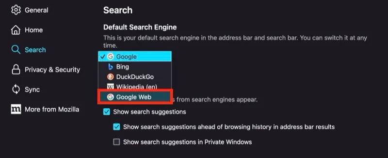 selecting google web as the default search engine in firefox on mac.
