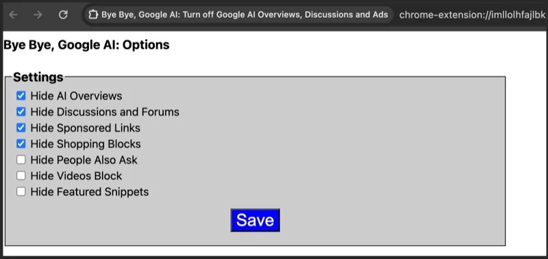 configuring bye bye, google ai extension in chrome on mac to hide ai overviews.