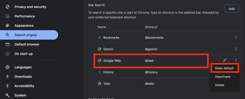 making google web the default search engine in chrome on mac.