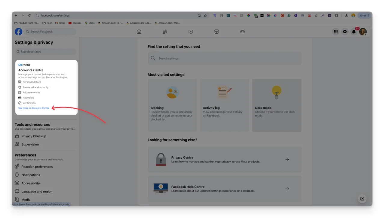 facebook desktop account centre