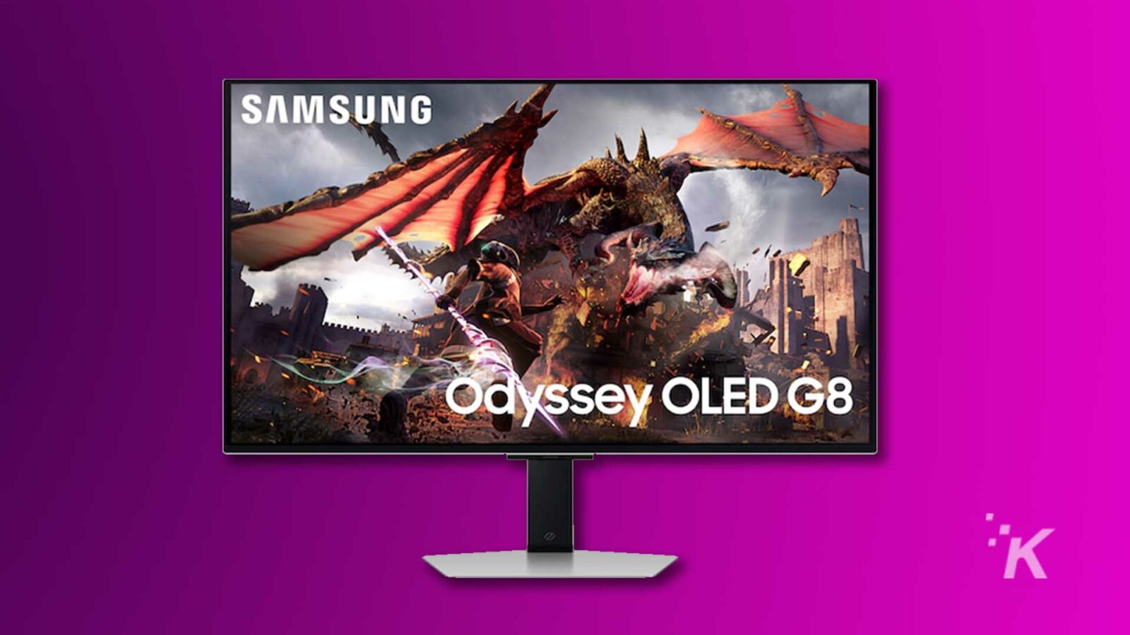 Monitor de juegos Samsung Odyssey OLED G8 con gráfico de dragón.