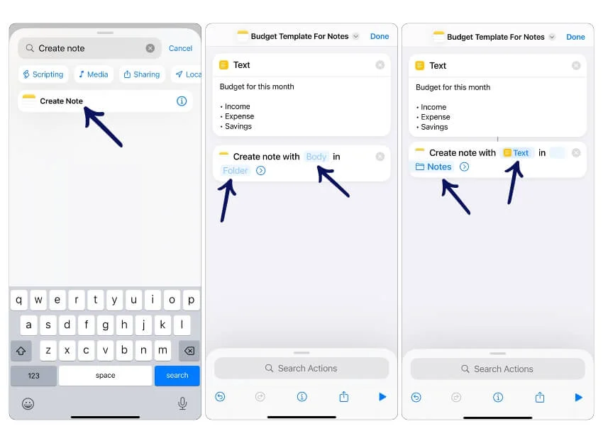 add create notes action to the shortcut