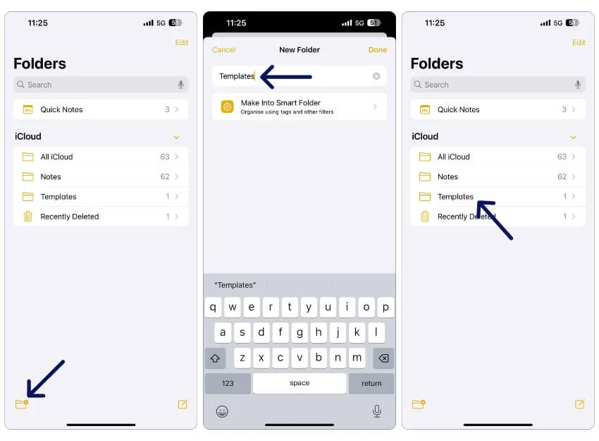 créer un nouveau dossier de modèles dans l'application Apple Notes create new templates folder in apple notes app