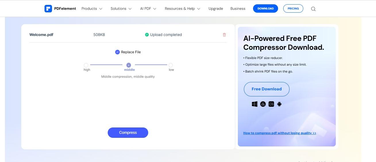 Página de descarga gratuita de compresores de PDF impulsados ​​por IA.
